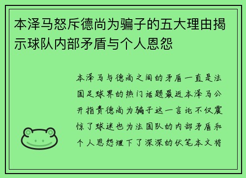本泽马怒斥德尚为骗子的五大理由揭示球队内部矛盾与个人恩怨